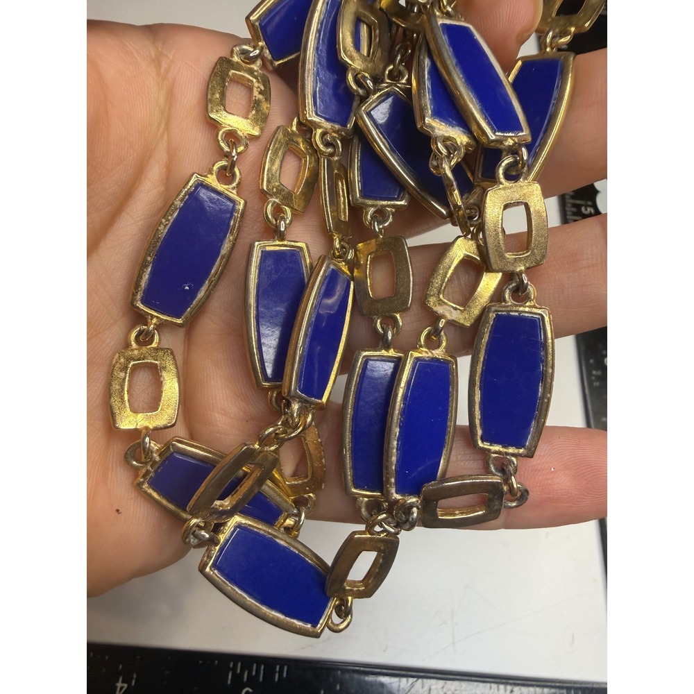 Vintage Blue Enamel Gold Tone Geometric Link Necklace 28 Inch Cobalt Statement